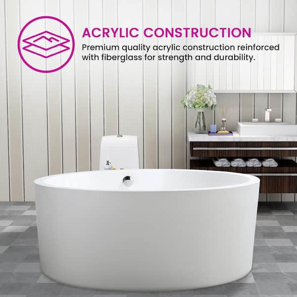 Vanity Art Troyes 59 in. Acrylic Flatbottom Freestanding Bathtub in White