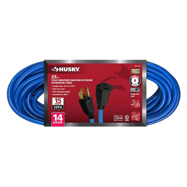 Husky 25 ft. 14/3 Medium Duty Cold Weather Indoor/Outdoor Extension Cord, Blue