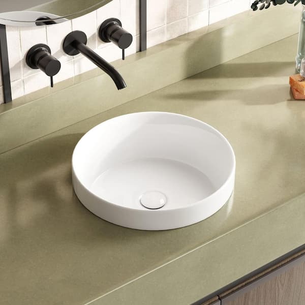 14 in. x 14 in. Round Semi Recessed Bathroom Sink with Glossy Finish and No Overflow, White Ceramic for Small Spaces