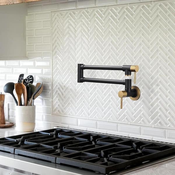 Double-Handle Wall Mount Pot Filler Faucet with in Gold and Black