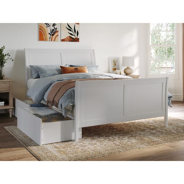 AFI Portland White Full Solid Wood Storage Platform Bed with Matching Foot Board with 2 Bed Drawers
