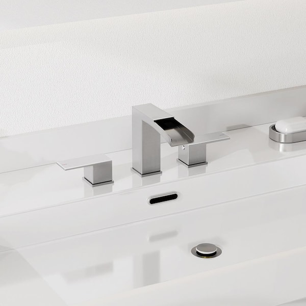 8 in. 3-Holes 2-Handles Waterfall Bathroom Sink Faucet with Metal Pop-Up Drain and Water Supply Lines in Brushed Nickel