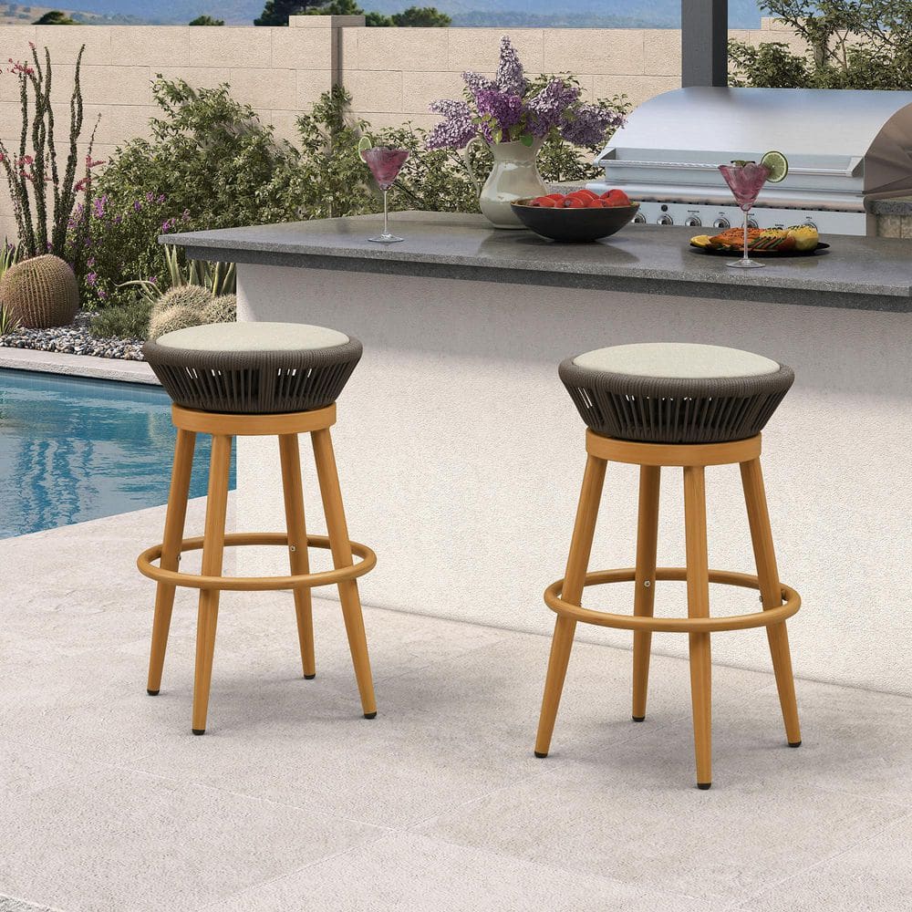 Modern Aluminum Backless Rattan Swivel Bar Height Outdoor Bar Stool with Cushion, Teak (2-Pack) price history on PriceWatchPro