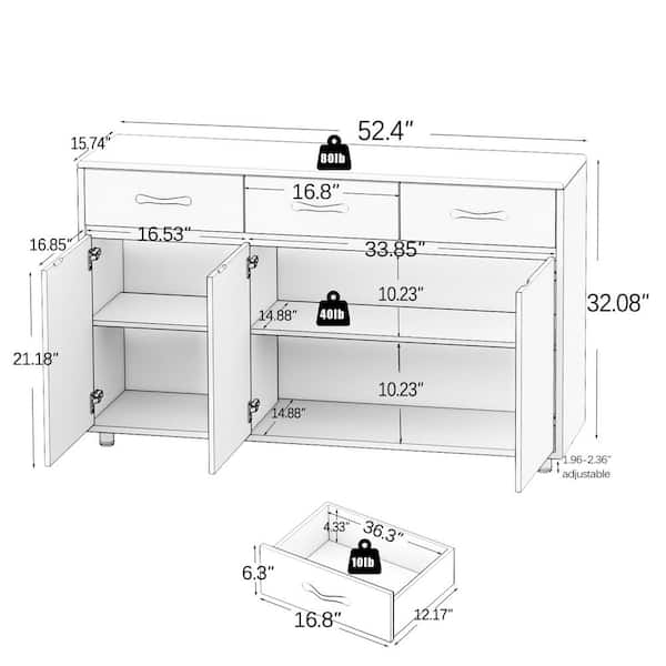 FUNKOL 52.56in x 15.94in x 32.68in White MDF Ready to Assemble Kitchen Cabinet with 3 Drawers and 3 Doors