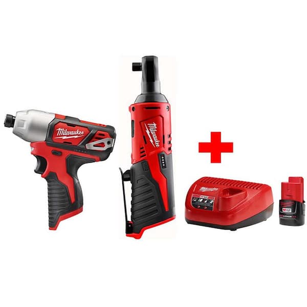 Milwaukee M12 12Volt LithiumIon Cordless 3/8 in. Ratchet and 1/4 in. Impact Driver Combo Kit