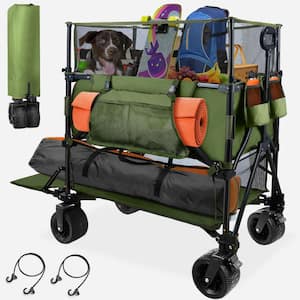 20 cu. ft. Green Metal Garden Cart Double Decker Wagon Cart with Wheels Foldable, 550L Large Capacity Collapsible Wagon
