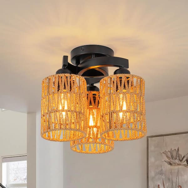HUOKU Trenzado 3-Light 12.6 in. Dia Farmhouse Black Semi Flush Mount Bohemian Caged Woven Rattan Ceiling Light for Kitchen