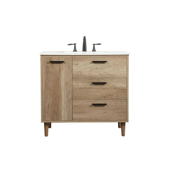 Unbranded Simply Living 36 in. W x 22 in. D x 34 in. H Bath Vanity in Natural Oak with Ivory White Engineered Marble Top