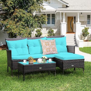 3-Piece Plastic Wicker Outdoor Sectional Set with Turquoise Cushions