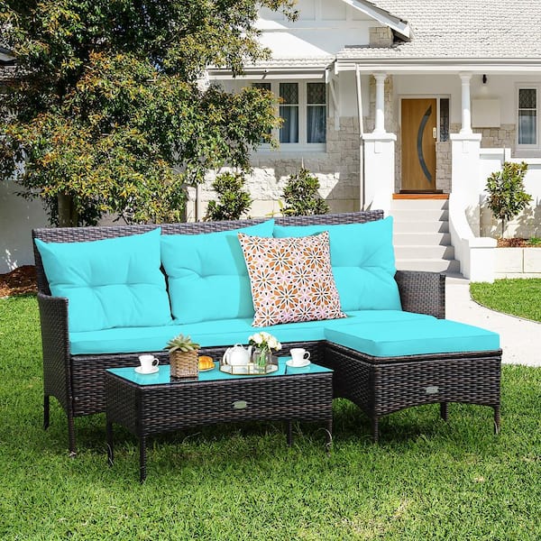 3-Piece Plastic Wicker Outdoor Sectional Set with Turquoise Cushions