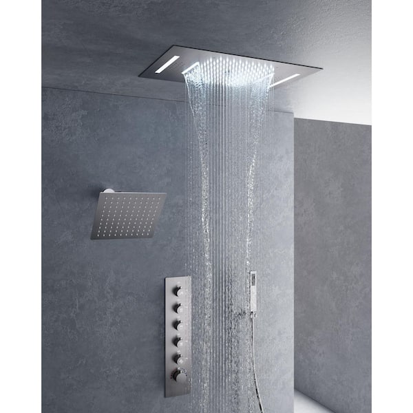 Thermostatic 5-Spray 23x15 in. Ceiling Mount LED Bluetooth Music Dual Fixed and Handheld Shower Head in Brushed Nickel