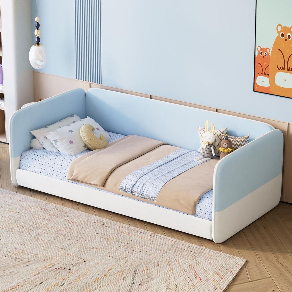 Blue Wood Frame Twin Size Velvet Upholstered Platform Bed with Protective Side Rails and Low Profile Montessori Design price history on PriceWatchPro