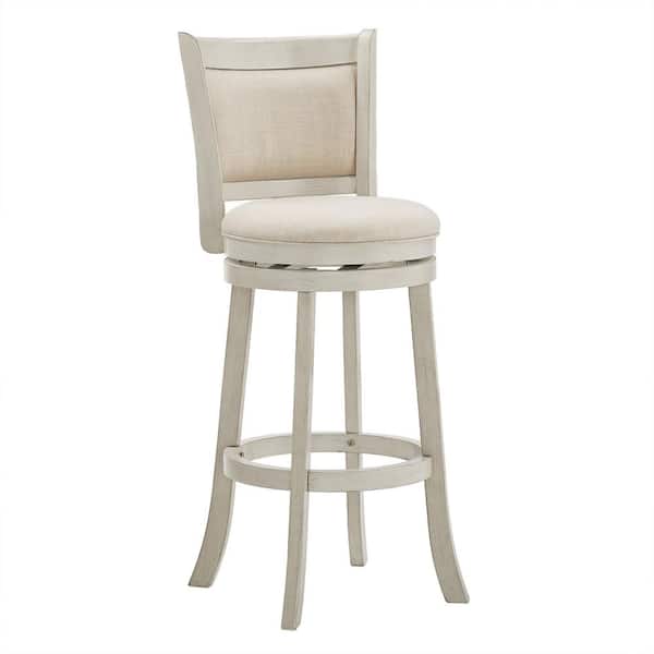 HomeSullivan 30 in. Antique White Finish Beige Upholstered Back Wood Frame Swivel Bar Height Stool