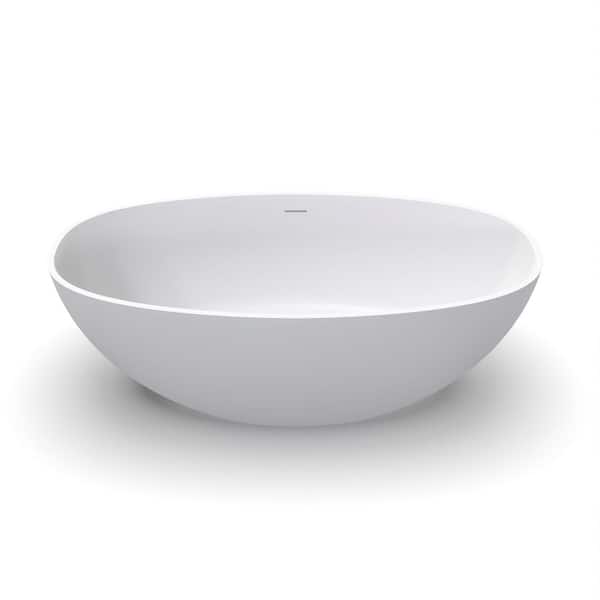 61.00 in. x 29.92 in. Flat Bottom Solid Surface Freestanding Soaking Bathtub with Center Drain in Matte White