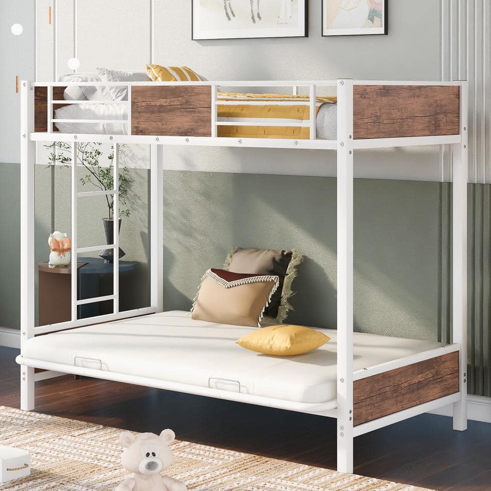 GODEER White Twin Over Futon Bunk Bed, Metal Futon Bunk Bed Frame With