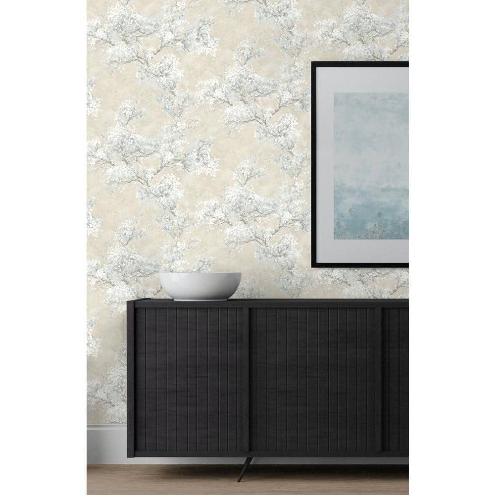 Parchment & Morning Fog Vinyl Floral Peel and Stick Wallpaper