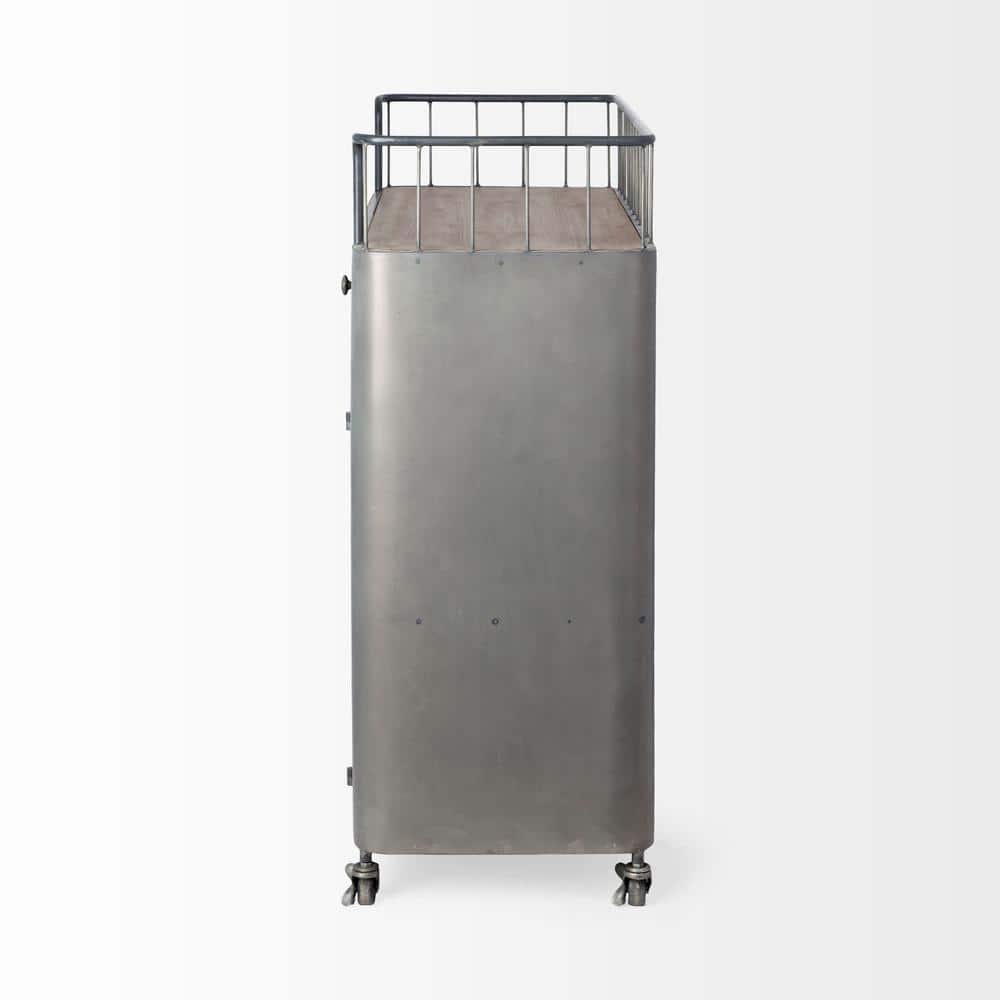 Industrial Gunmetal Gray Rolling Bar Cart with Wood Top