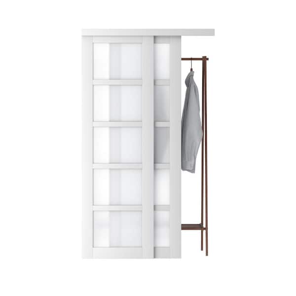 ARK DESIGN 96 in. x 80 in. 5 Lites Frosted Glass White MDF Closet Sliding Door with Hardware Kit