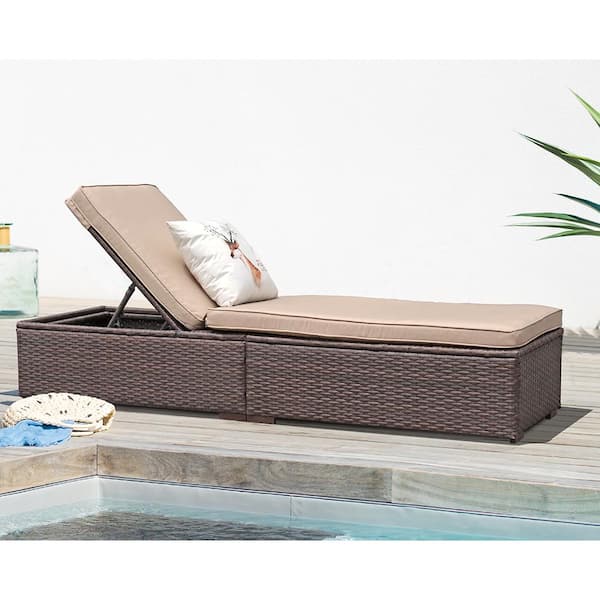 Freestyle Super Patio Brown Rattan Outdoor Chaise Lounge Chair, Reclining with Adjustable Backrest and Removable Beige Cushion