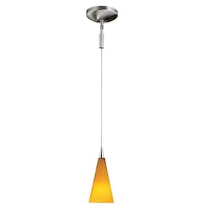 1-Light Brushed Steel Hanging Pendant with Frosted Amber Glass