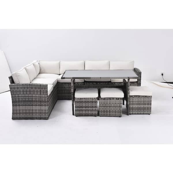Unbranded Gray 7-Piece Wicker Outdoor Sectional Sofa Set, Patio Conversation Set with Dining Table, Ottomans and Beige Cushions