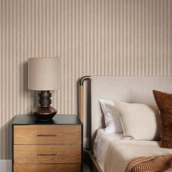 Jeremiah Brent Ecru & Brown Charles Street Stripe Peel and Stick Vinyl Textured Wallpaper Roll (covers 56.37 sq. ft. )