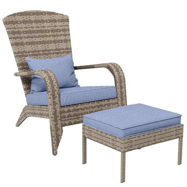 Misopily Patio Wicker Adirondack Chair with Ottoman, High-Back, Large Seat and Armrests for Deck, Garden and Backyard, Gray