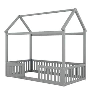 Gray Twin Size Adjustable Wood House Bed with Fence and Roof
