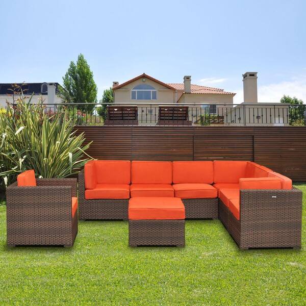 Atlantic Contemporary Lifestyle Marseille 8-Piece Patio Sectional Seating Set with Orange Cushions