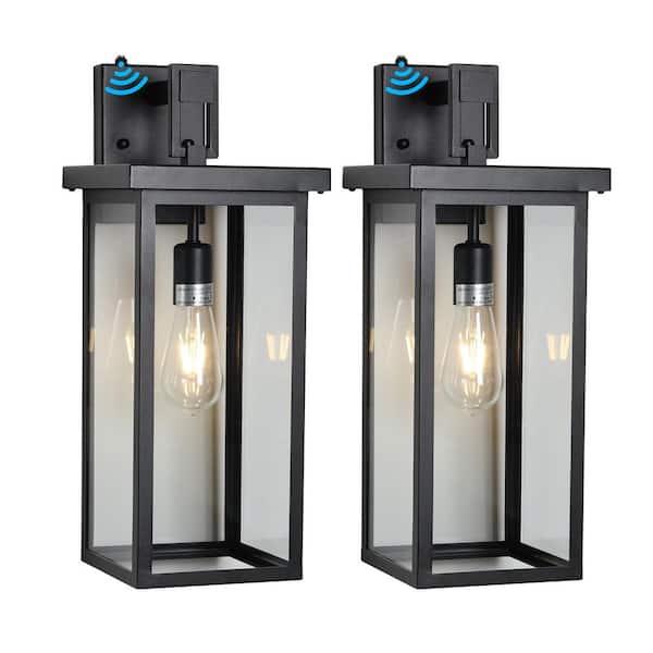 19.7 in. 1-Light Sand Black Dusk to Dawn Waterproof Outdoor Wall Sconces Lantern with Clear Glass, E26 Socket, Set of 2
