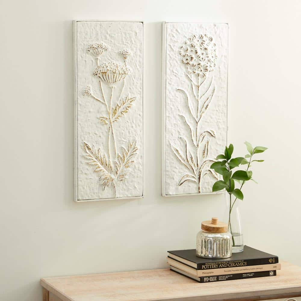 DecMode White Metal Relief Floral Wall Decor with Gold Detailing (2 Count)