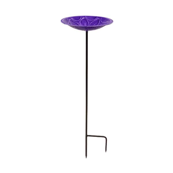 12 in. Lilac Lolly Birdbath with Stake, Solid Brass, Outdoor, Lilac Purple Blue, Glass Enamel Finish