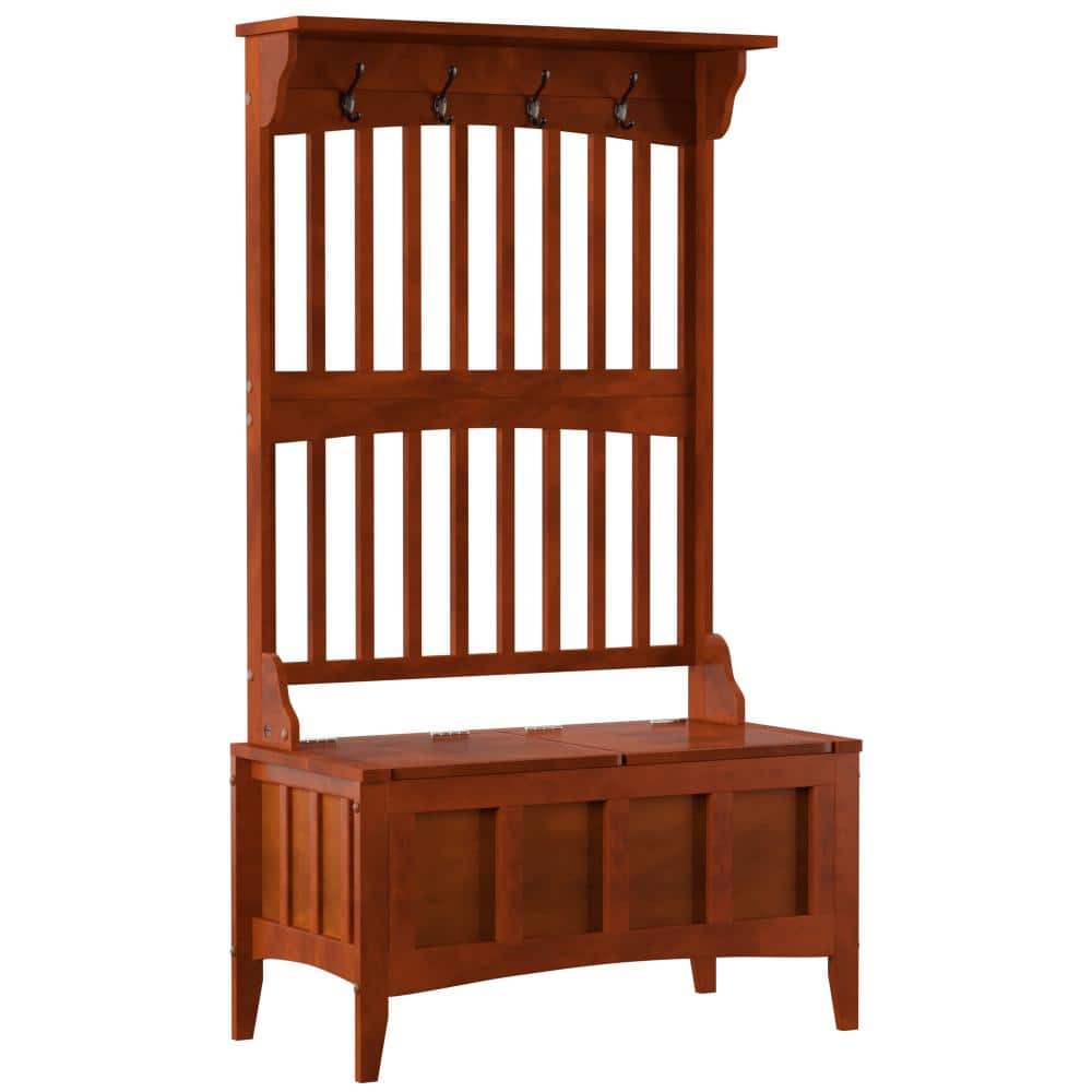 Mission Walnut Hall Tree with Four Hooks and Storage