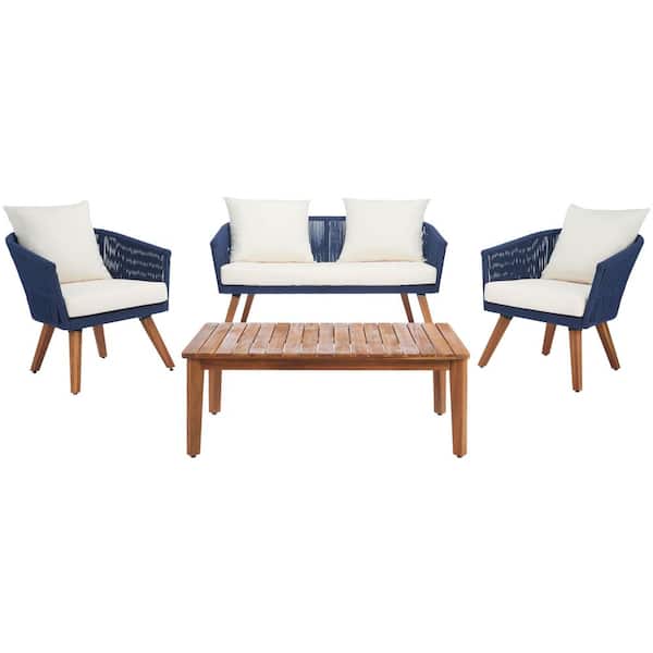 SAFAVIEH Velso Navy 4-Piece Wood Patio Conversation Set with Beige Cushions