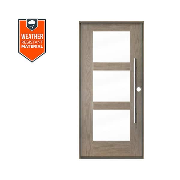 Krosswood Doors Modern Faux Pivot 36 in. x 79 in. 3-Lite Left-Hand/Inswing Clear Glass Oiled Leather Stain Fiberglass Prehung Front Door