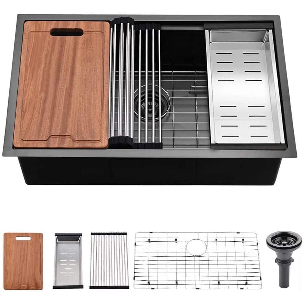 "33 in. Black Undermount Kitchen Sink Workstation-Bokaiya, Stainless Steel 16 Gauge 10"" Deep Single Bowl Kitchen Sinks" price history on PriceWatchPro