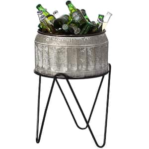 Silver Galvanized Metal Ice Bucket Beverage Cooler Tub with Stand, Large