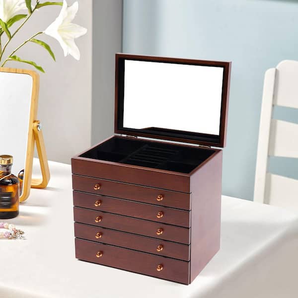 YIYIBYUS Brown Wooden Jewelry Storage Box with Mirror 5-Drawers OT