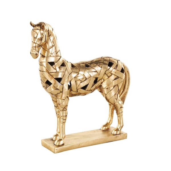 Litton Lane Gold 13 in. x 14 in. Resin Wrapped Horse Sculpture with Rectangle Base