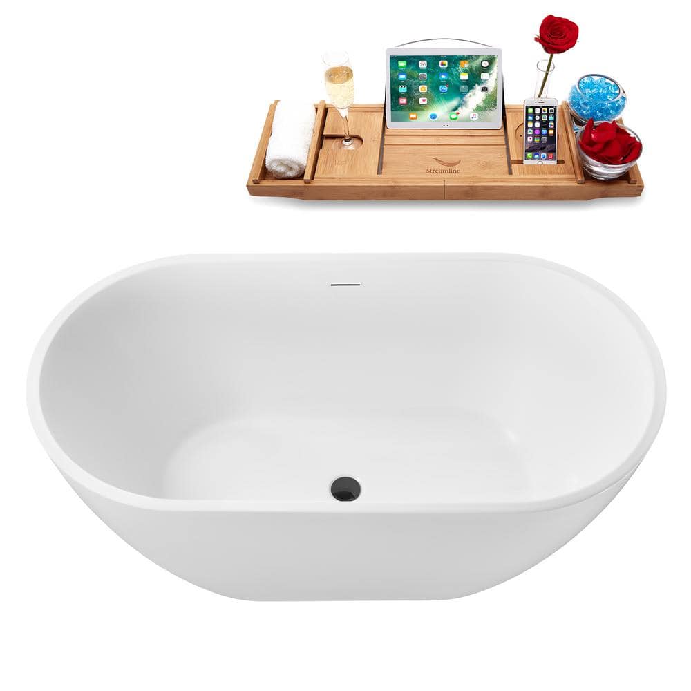 55" Glossy White Acrylic Freestanding Soaking Tub with Tray