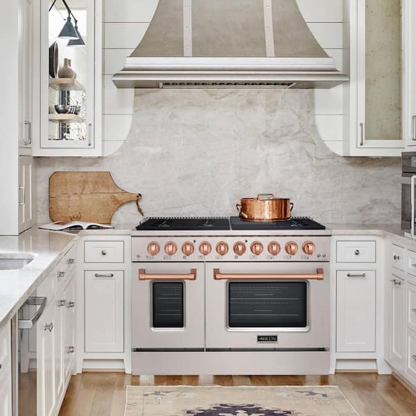 48 in. 6.7 cu. ft. Freestanding Double Oven Gas Range with 8-Burner, Griddle, in Stainless Steel with Copper