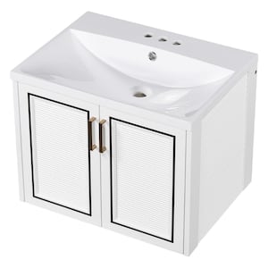 White Wood Rectangular Vessel Sink, Bathroom Vanity with Ceramic Basin and 2 Shutter Doors