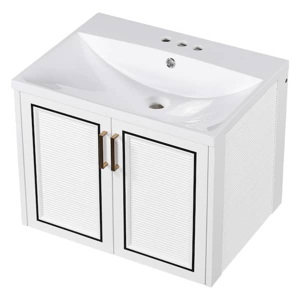 Unbranded White Wood Rectangular Vessel Sink, Bathroom Vanity with Ceramic Basin and 2 Shutter Doors
