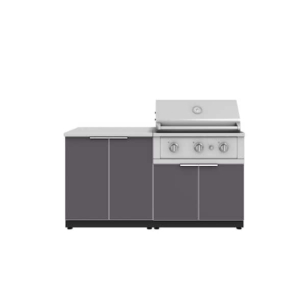 NewAge Products Outdoor Kitchen 65 in.W x 24 in.D x 48.5 in.H Aluminum Gray 4-Piece Cabinet Set w/33 in. Perfomance Liquid Propane Grill