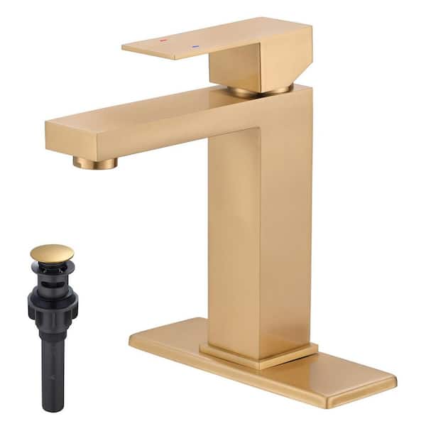 Single Handle Single Hole Bathroom Faucet with Deckplate and Pop Up Drain Included in Gold