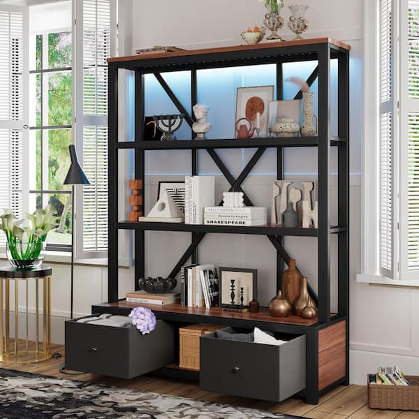 URTR 66.9 in. Tall Walnut Brown Metal 3-Tier-Shelf Modern Industrial Bookcase with Drawer and LED Bookshelf for Home Office