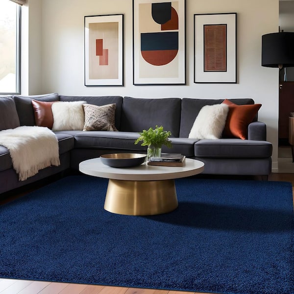 Silky Navy 8 ft. x 10 ft. Solid Plus Thick Pile Non Slip Easy Clean Non Shedding Modern Indoor Area Rug