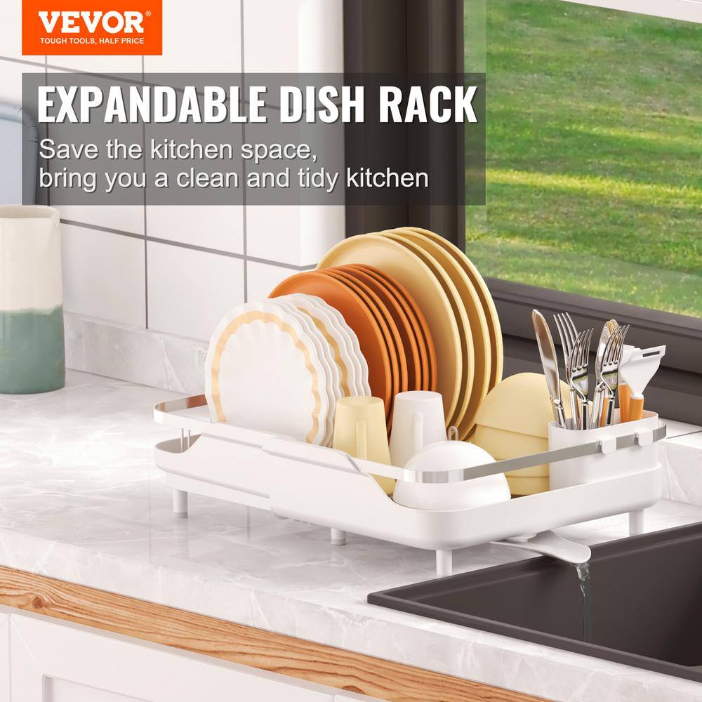 Expandable White and Stainless Steel Dish Drying Rack with Utensil Cup