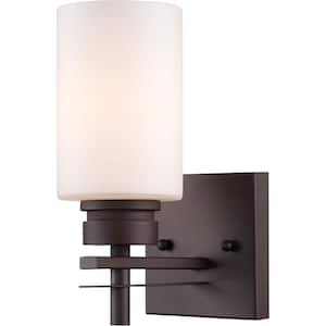 Carena 1-Light Antique Bronze Indoor Wall Sconce with Etched White Cased Glass Cylinder Shade