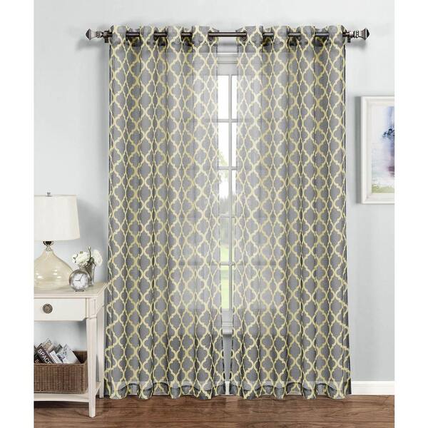 Window Elements Sheer Quatrafoil Printed Sheer Extra Wide 54 in. W x 96 in. L Grommet Curtain Panel in Yellow/Gray